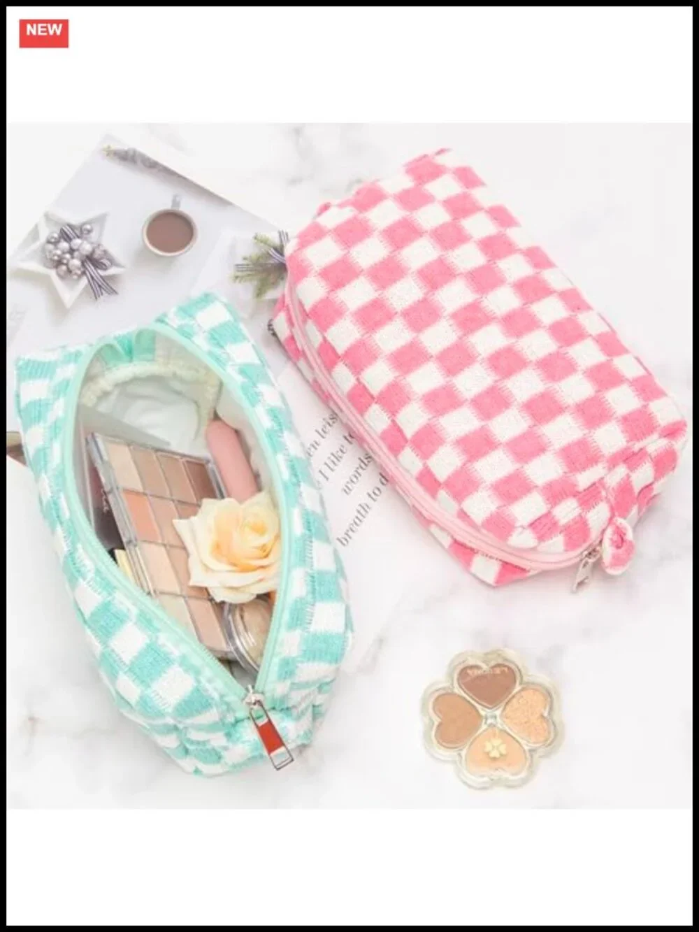 Checkered Makeup Bag Set of 6 - Small Cosmetic Pouch Travel Organizer for Women